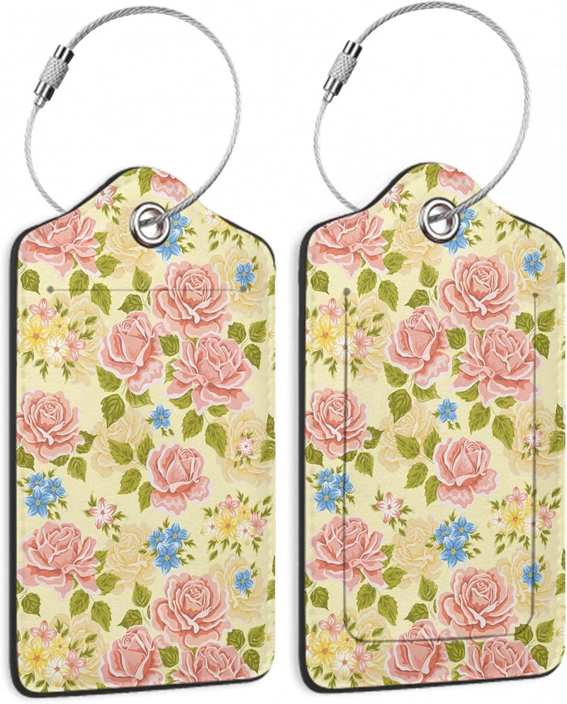 SKYDAWNY Pink Rose Luggage Tag,Flowers Retro Luggage Tags of Set 2 Leather Identifiers Privacy Cover with Stainless Steel Loop for Women Men Travel Bag Suitcase - Image 1